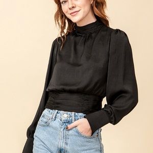 Black Mock Neck Balloon Sleeve Open Back Blouse